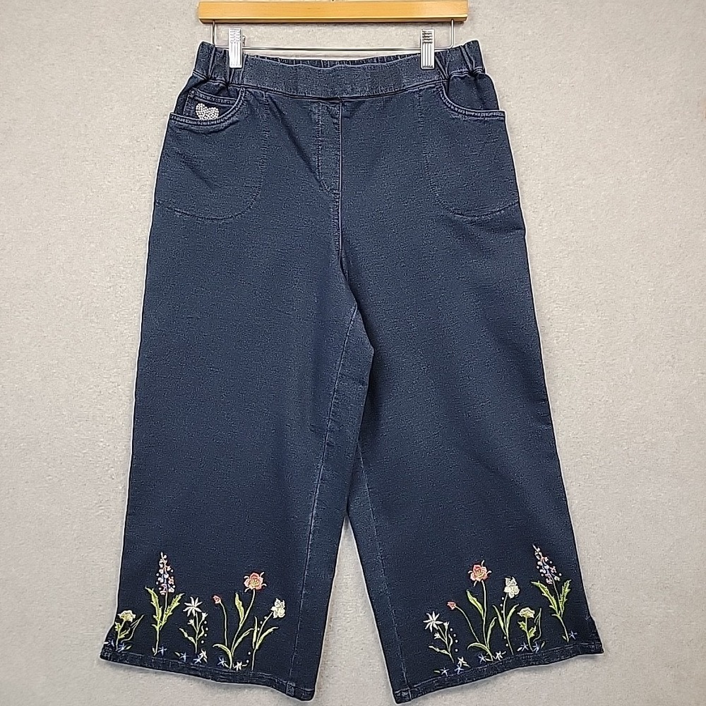 Quacker Factory DreamJeannes Dark Blue Denim PullOn Pants Floral Embroidery Sz M